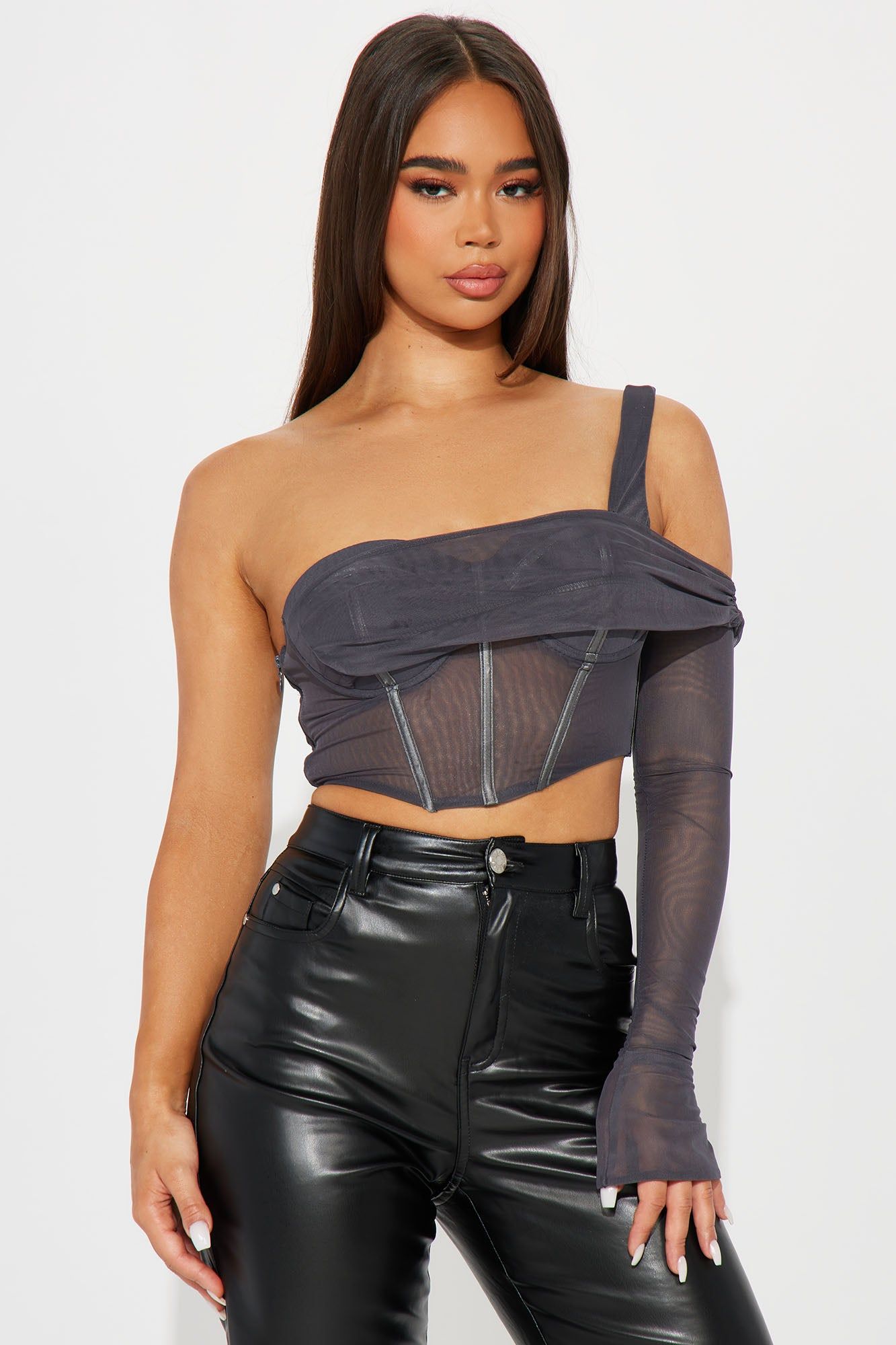 Michelle Mesh Corset Top - Grey sold by Fashion Nova