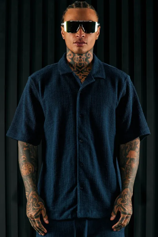 Dean Textured Short Sleeve Button Up Shirt - Navy sold by Fashion Nova