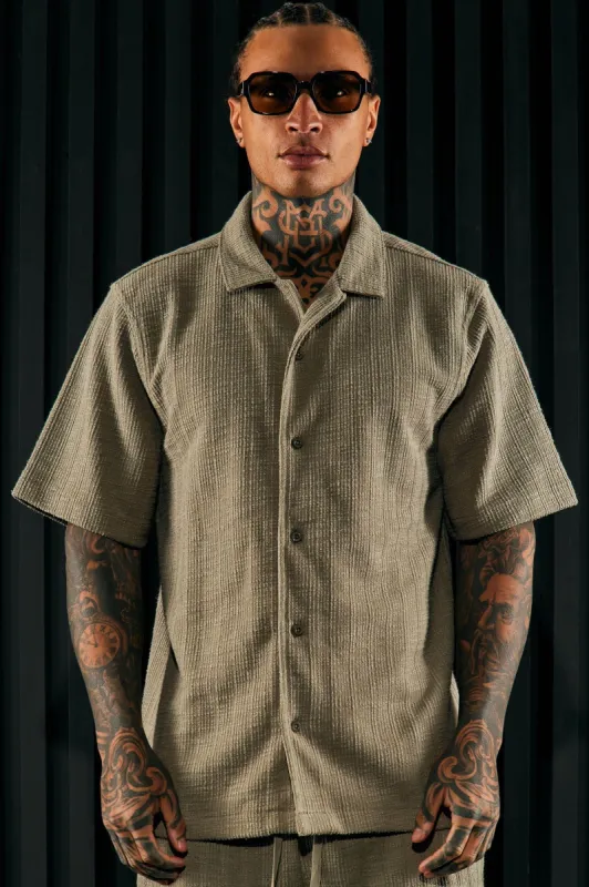 Dean Textured Short Sleeve Button Up Shirt - Olive sold by Fashion Nova