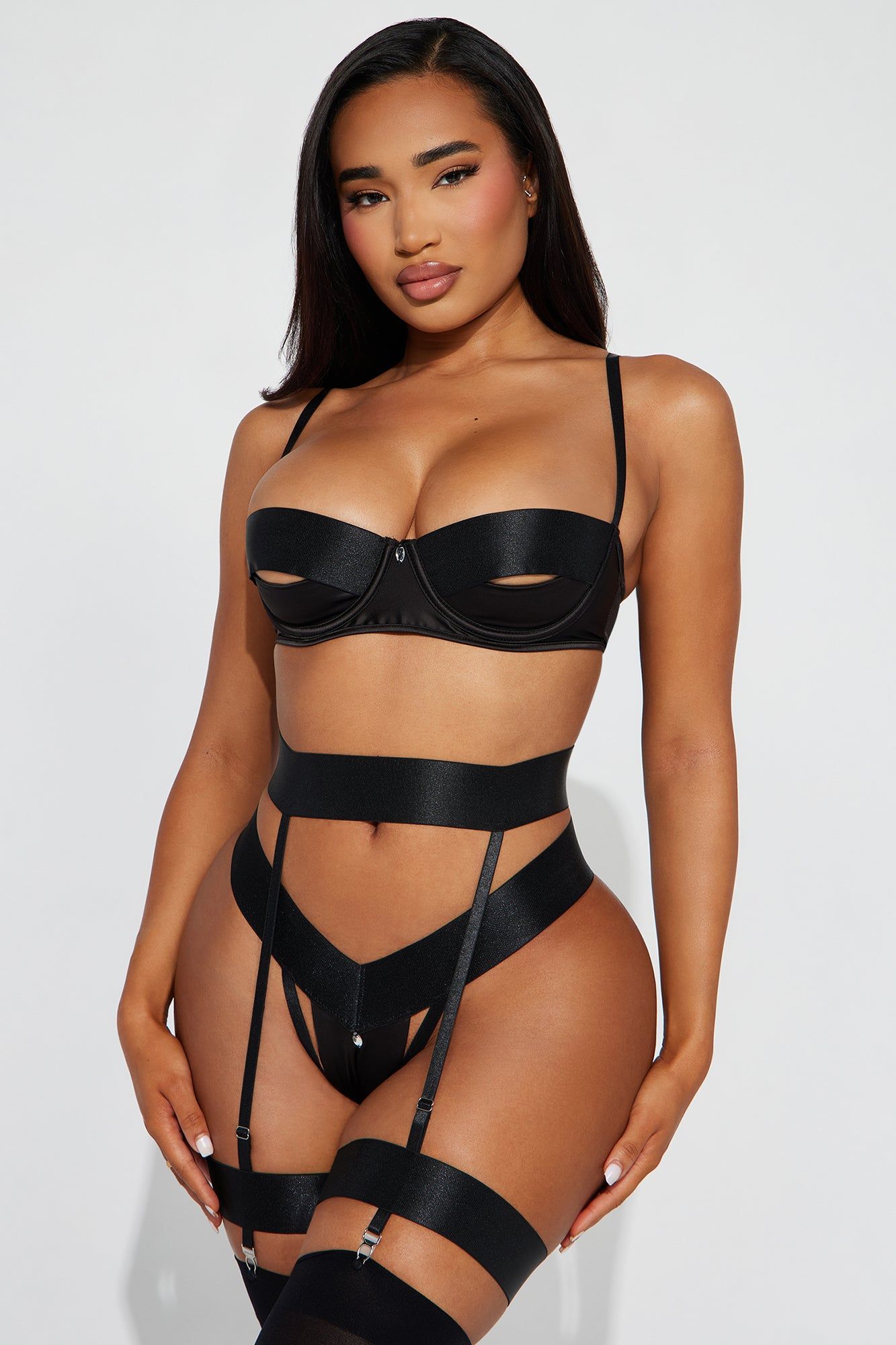 Enemy To Lover Strappy Garter 3 Piece Set - Black sold by Fashion Nova