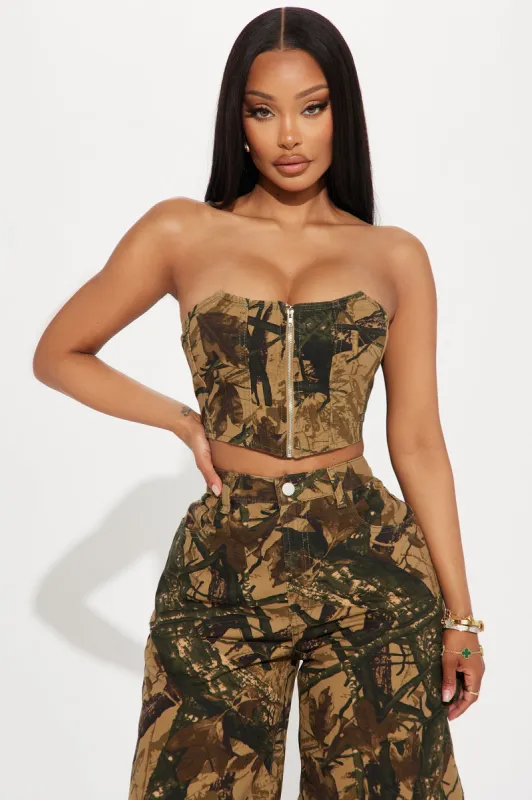 Under Control Tree Camo Corset Top - Khaki/combo sold by Fashion Nova