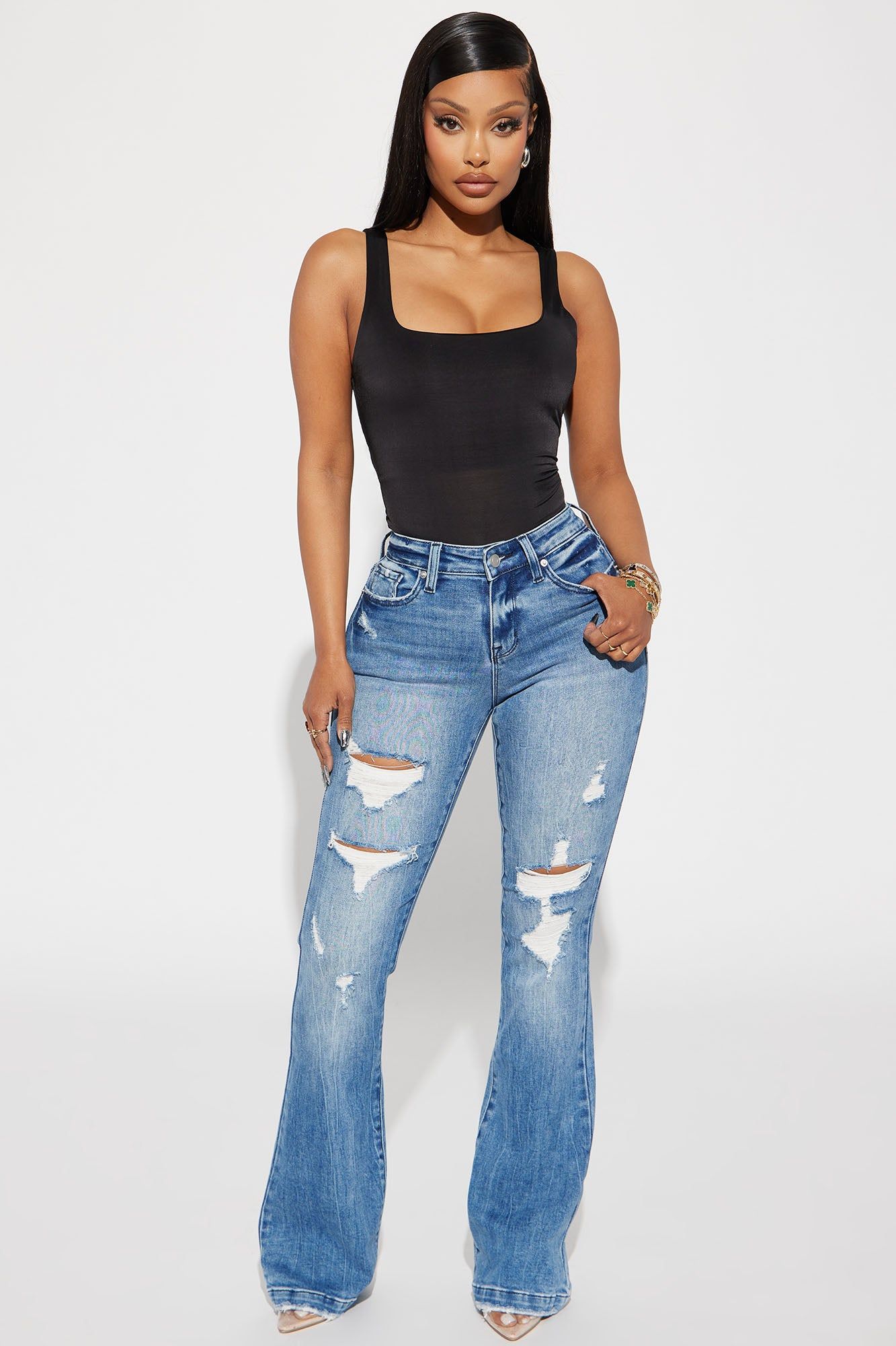 Marley Ripped Compression Flare Jeans - Medium Wash sold by Fashion Nova