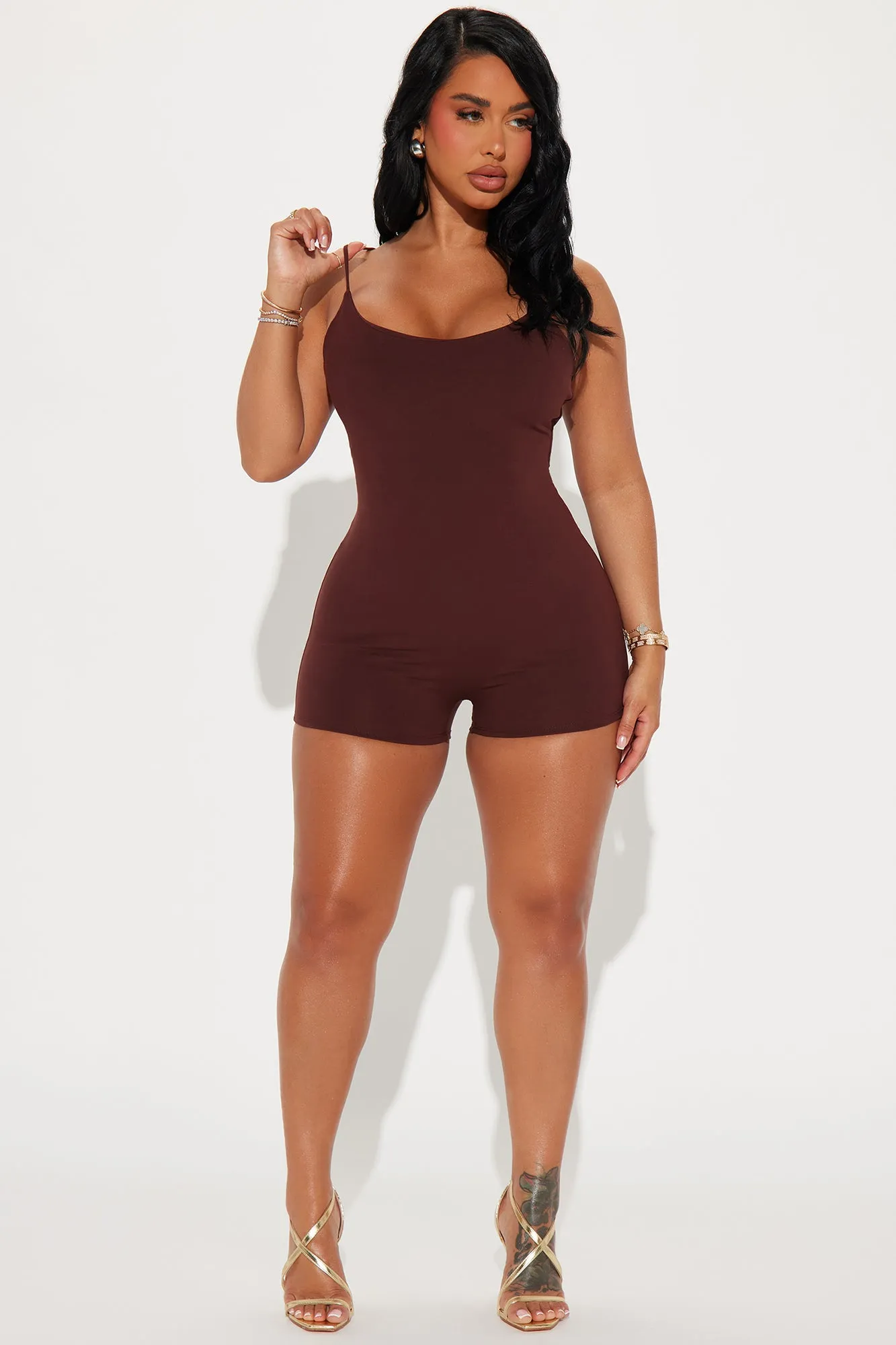 Deborah Double Lined Romper - Chocolate sold by Fashion Nova