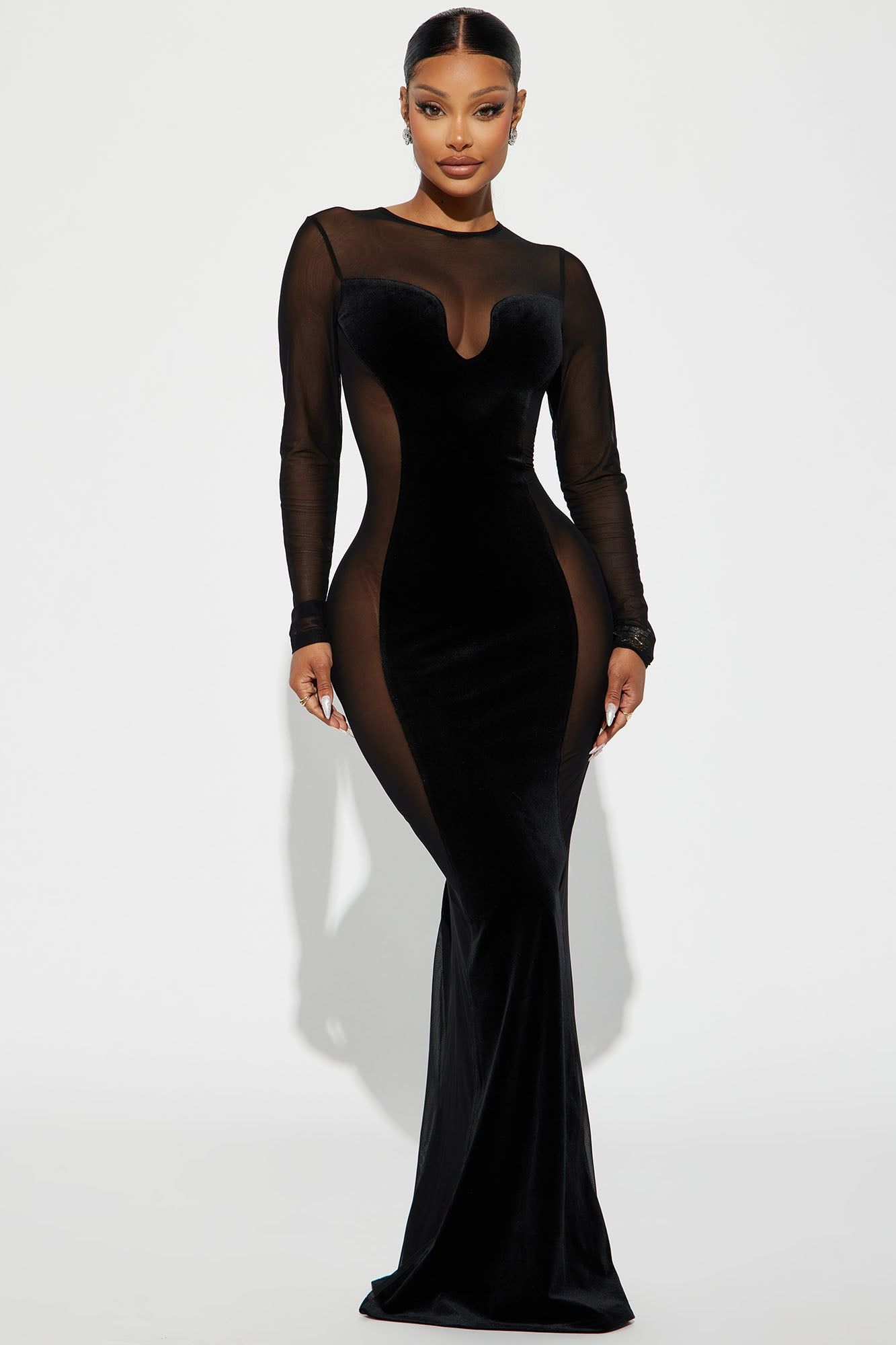 No Peaking Velvet Maxi Dress - Black sold by Fashion Nova