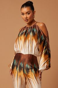 Amalee Satin Jumpsuit - Brown/combo sold by Fashion Nova