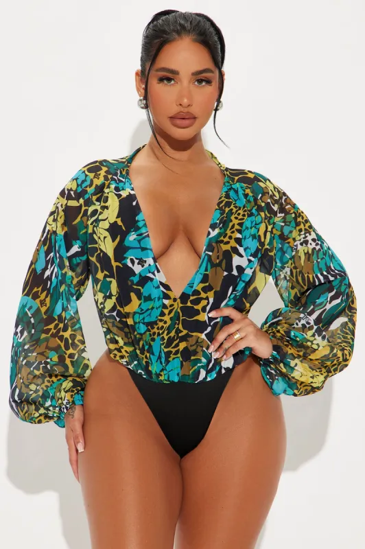 Wild Side Deep V-Neck Bodysuit - Blue/combo sold by Fashion Nova