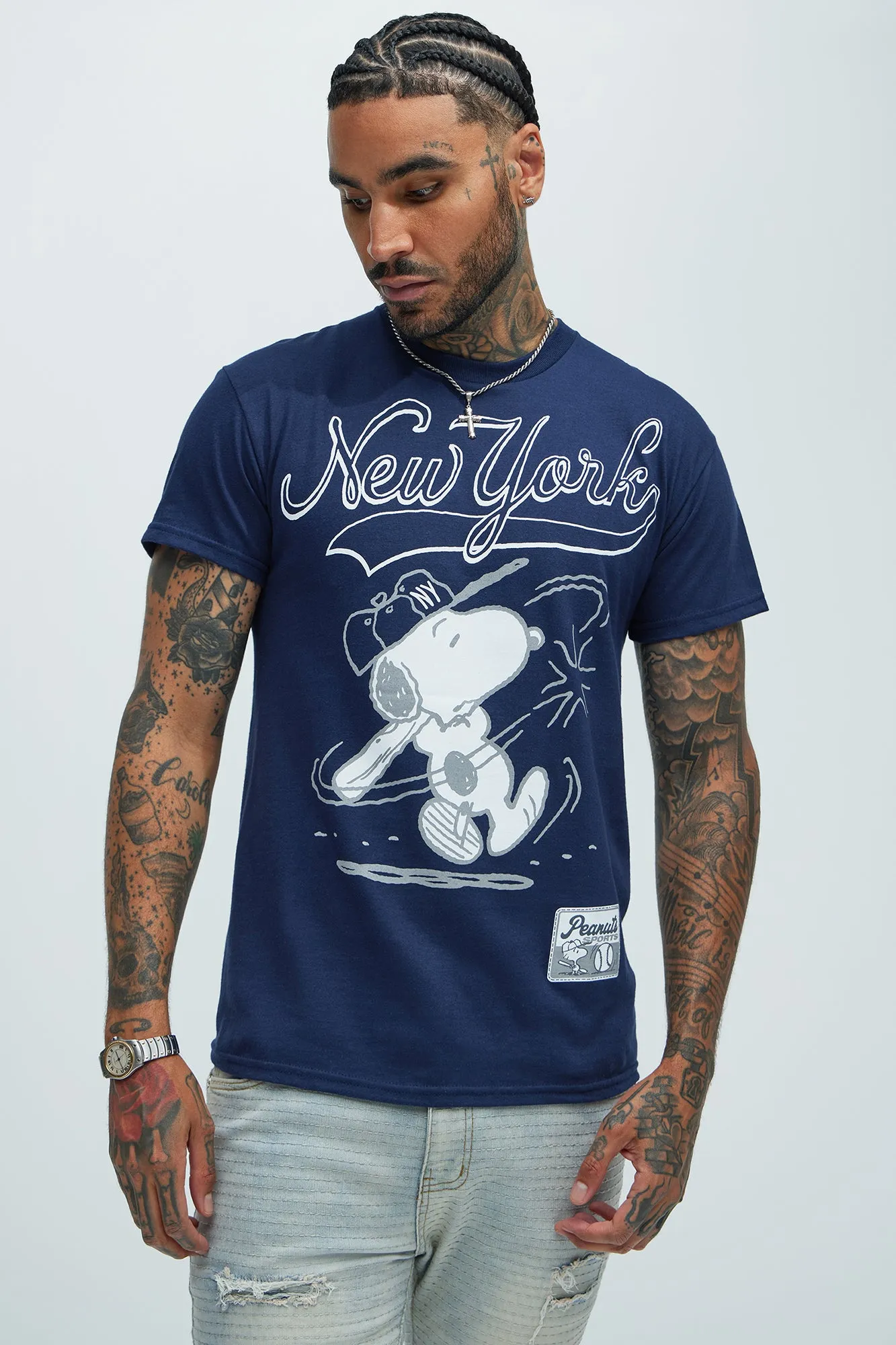 Peanuts NYC Baseball Short Sleeve Tee - Navy sold by Fashion Nova