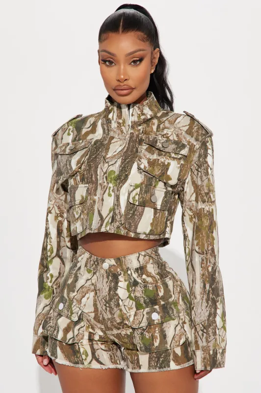 Sneak Attack Cropped Denim Cargo Jacket - Taupe/combo sold by Fashion Nova