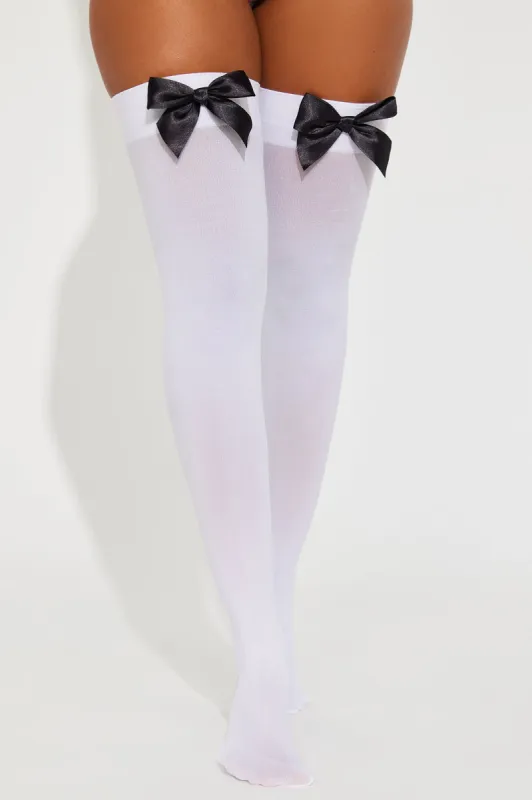 Sweet Desires Sheer Bow Thigh Highs - White/Black sold by Fashion Nova