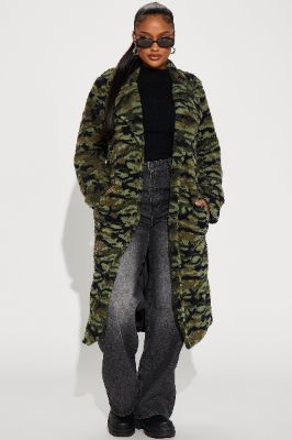 Camilla Sherpa Trench Coat - Olive/combo sold by Fashion Nova