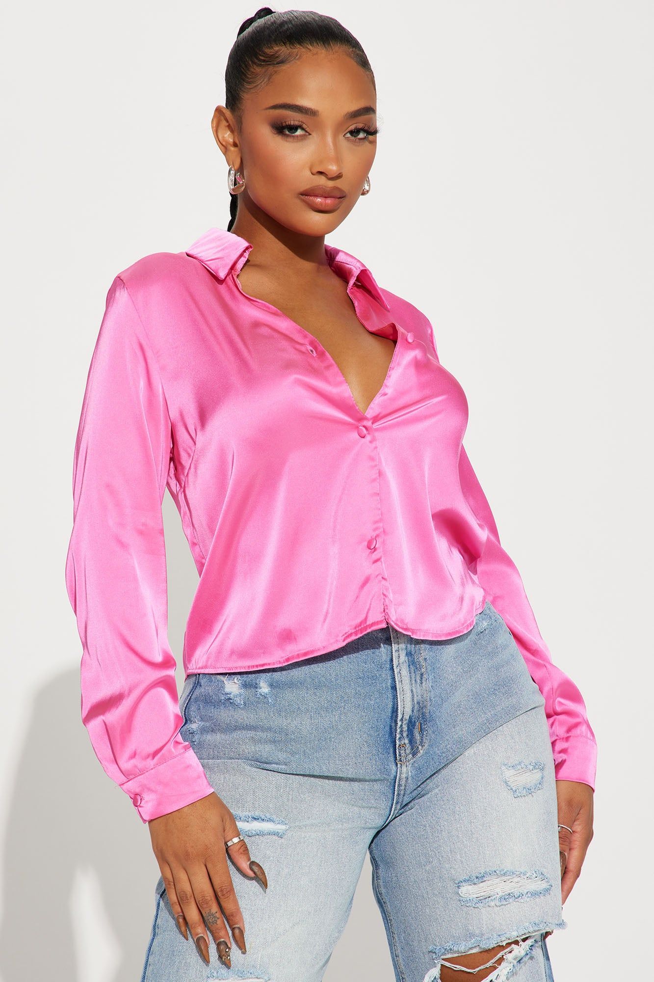 Kathy Satin Shirt - Hot Pink sold by Fashion Nova