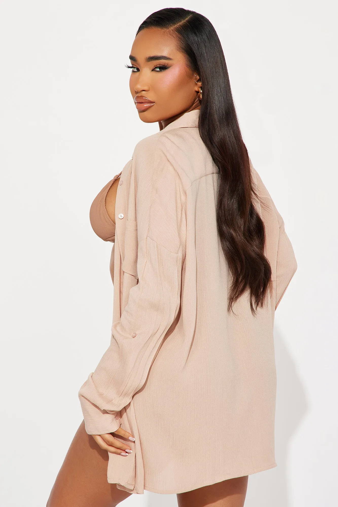 Breezy Nights Linen Pocket Cover Up Shirt - Tan sold by Fashion Nova product image thumbnail 2