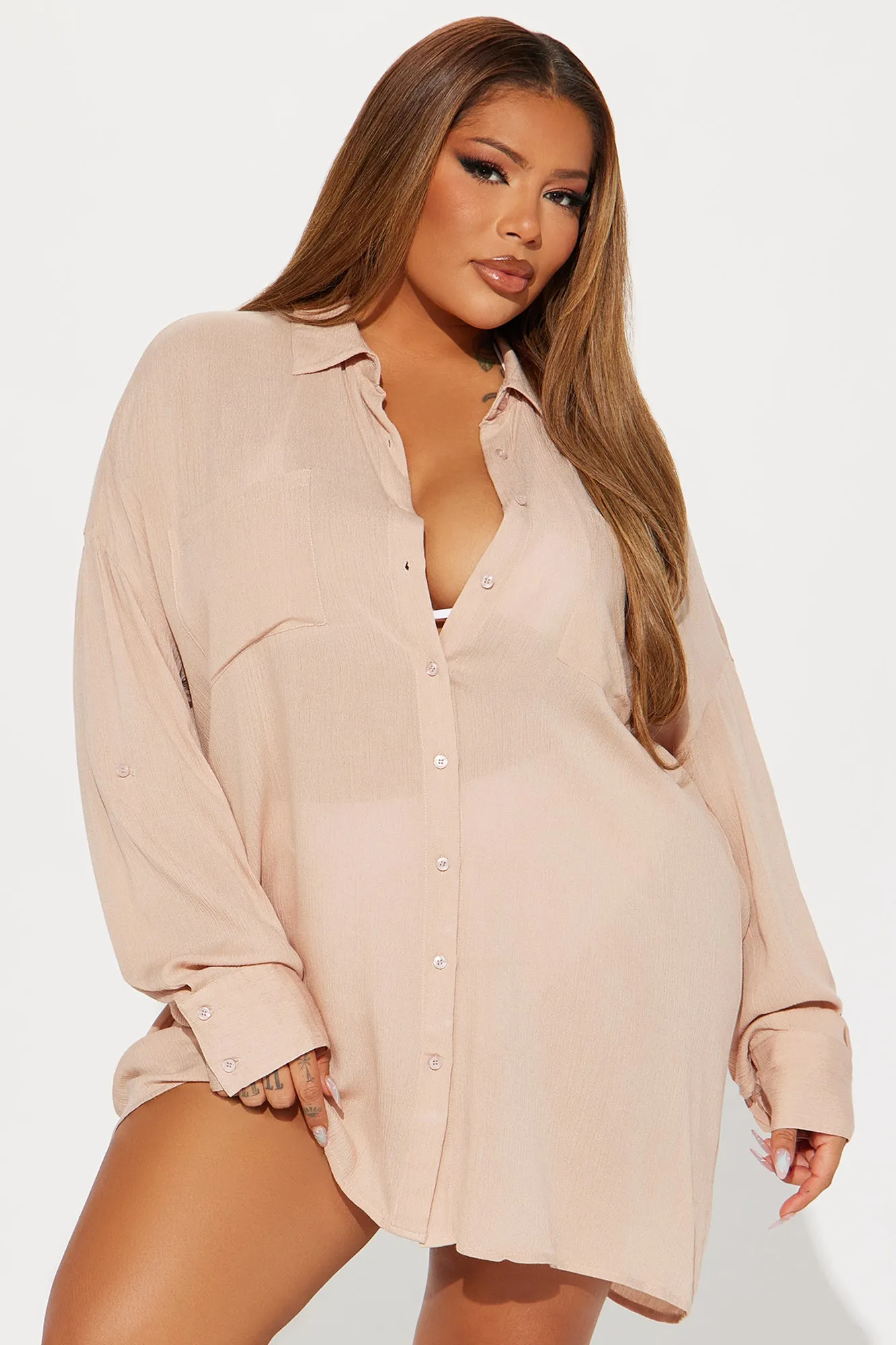 Breezy Nights Linen Pocket Cover Up Shirt - Tan sold by Fashion Nova product image thumbnail 3