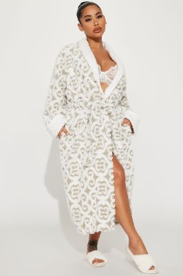 Sleepy Mood Long Plush PJ Robe - White/combo sold by Fashion Nova