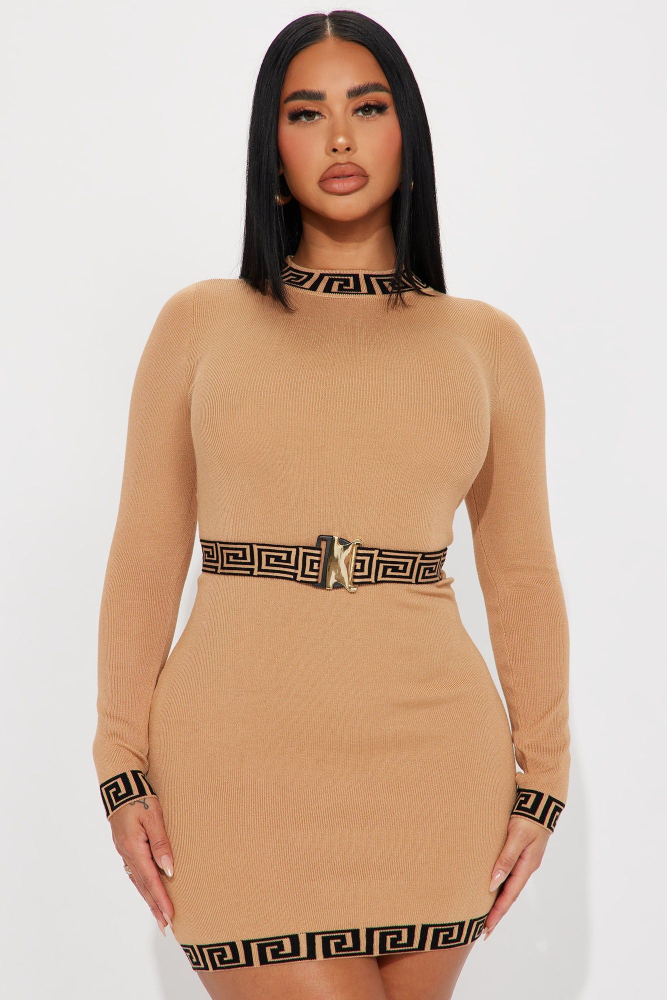 Chilly Season Sweater Mini Dress - Taupe/combo sold by Fashion Nova