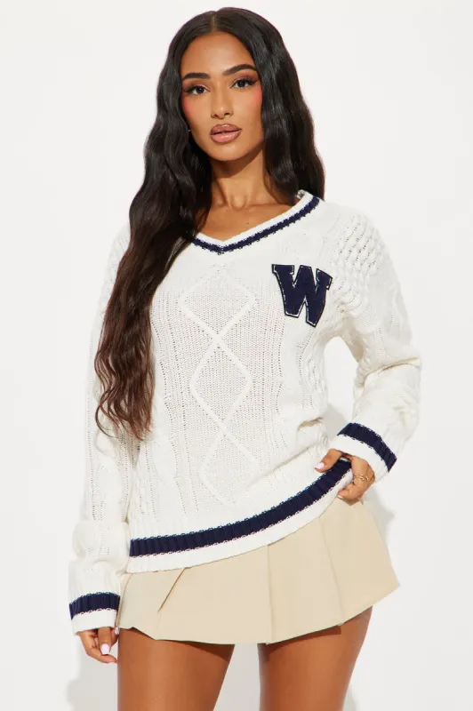 Winning Team Varsity Sweater - Ivory/combo sold by Fashion Nova