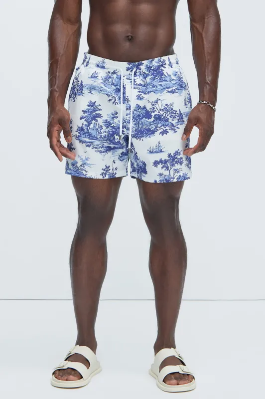Feneno Painting Swim Trunks - Blue/combo sold by Fashion Nova