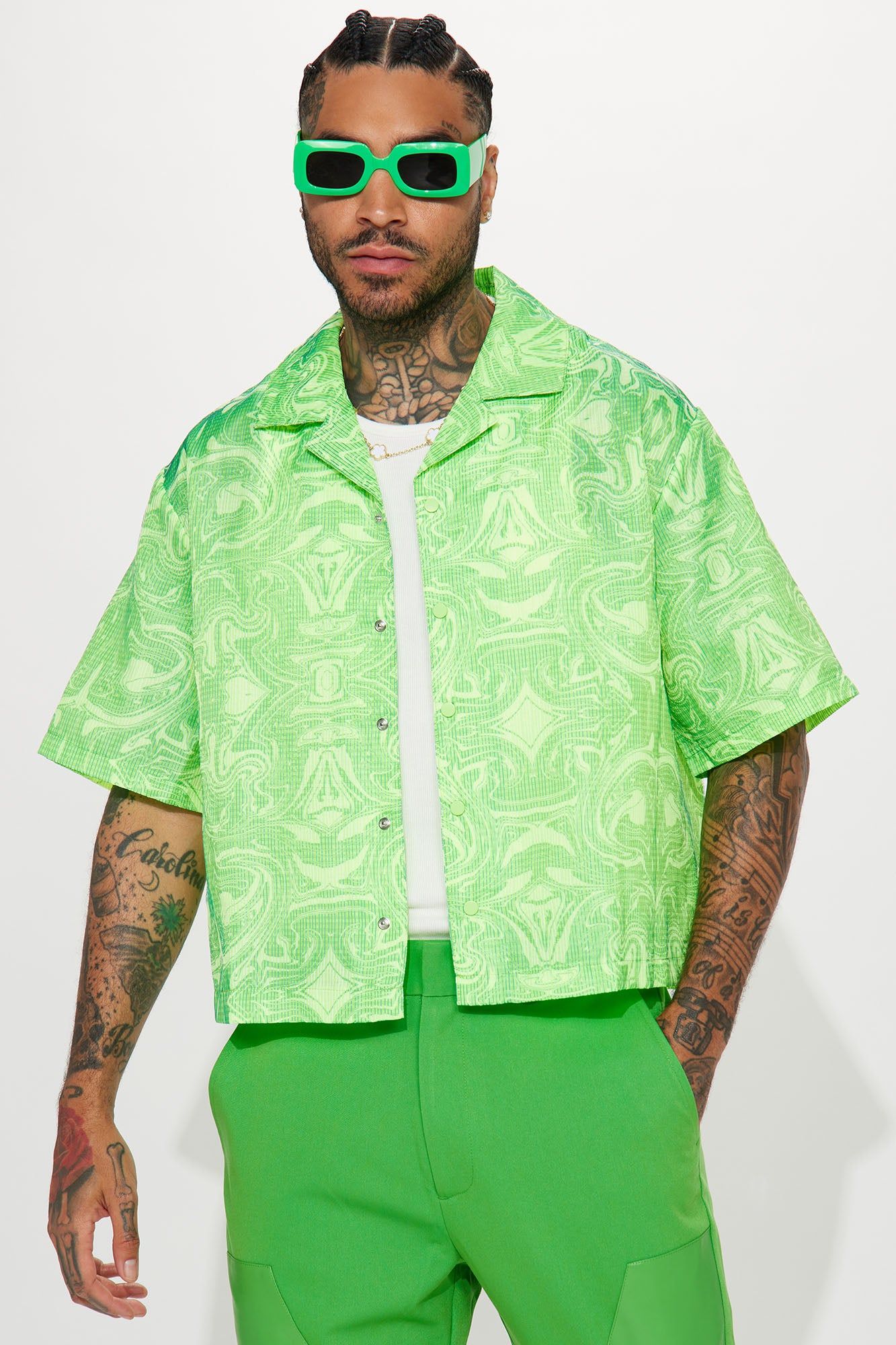 Daytona Textured Cropped Button Up Shirt - Green sold by Fashion Nova