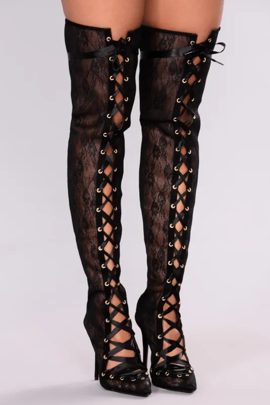 Lady In Lace Over The Knee Boot - Black sold by Fashion Nova