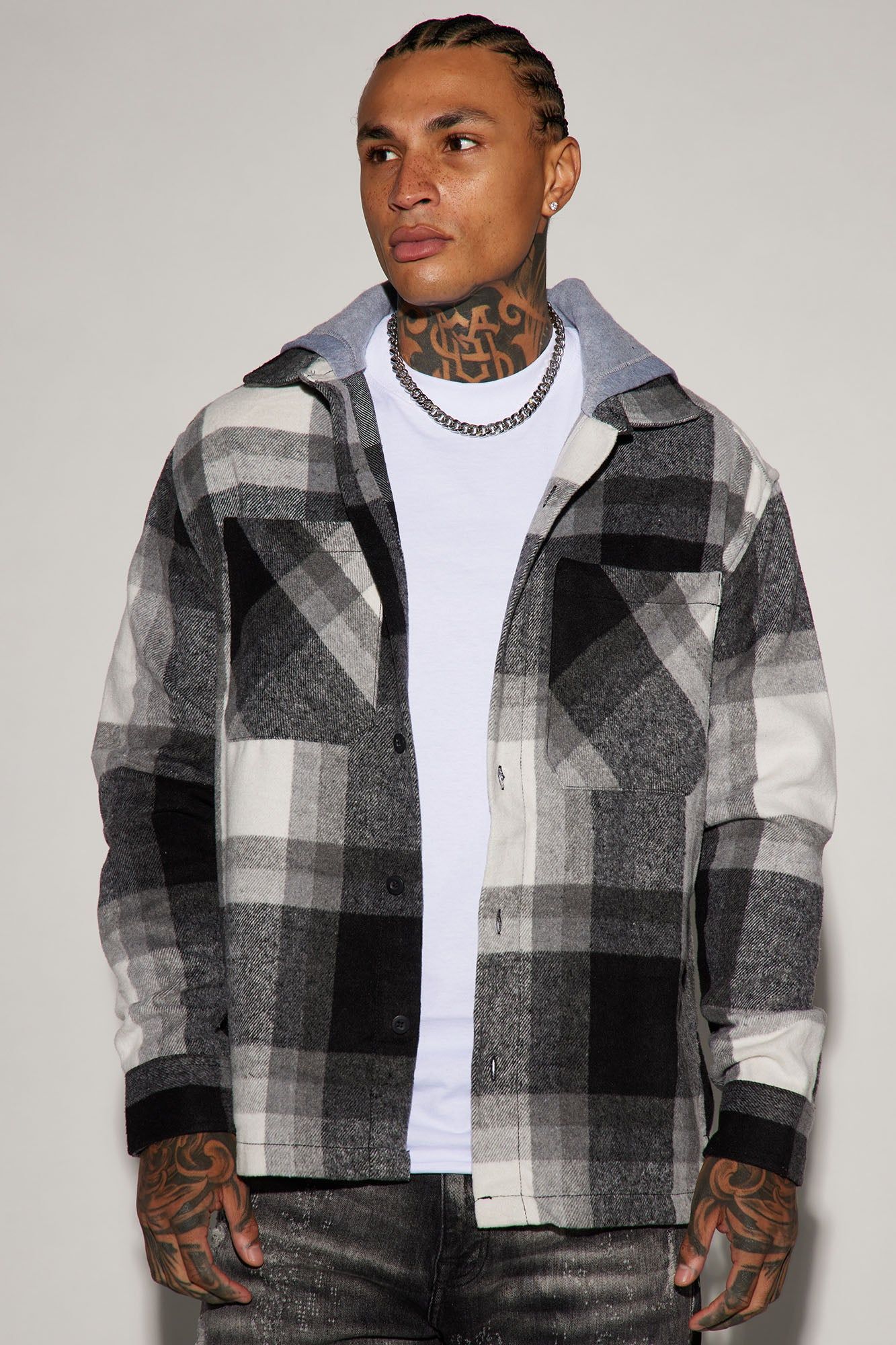 Off The Map Hooded Flannel Shacket - Grey/Black sold by Fashion Nova