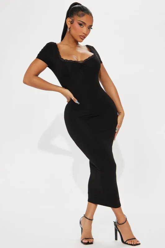 Soft Touch Lace Trim Midi Dress - Black sold by Fashion Nova