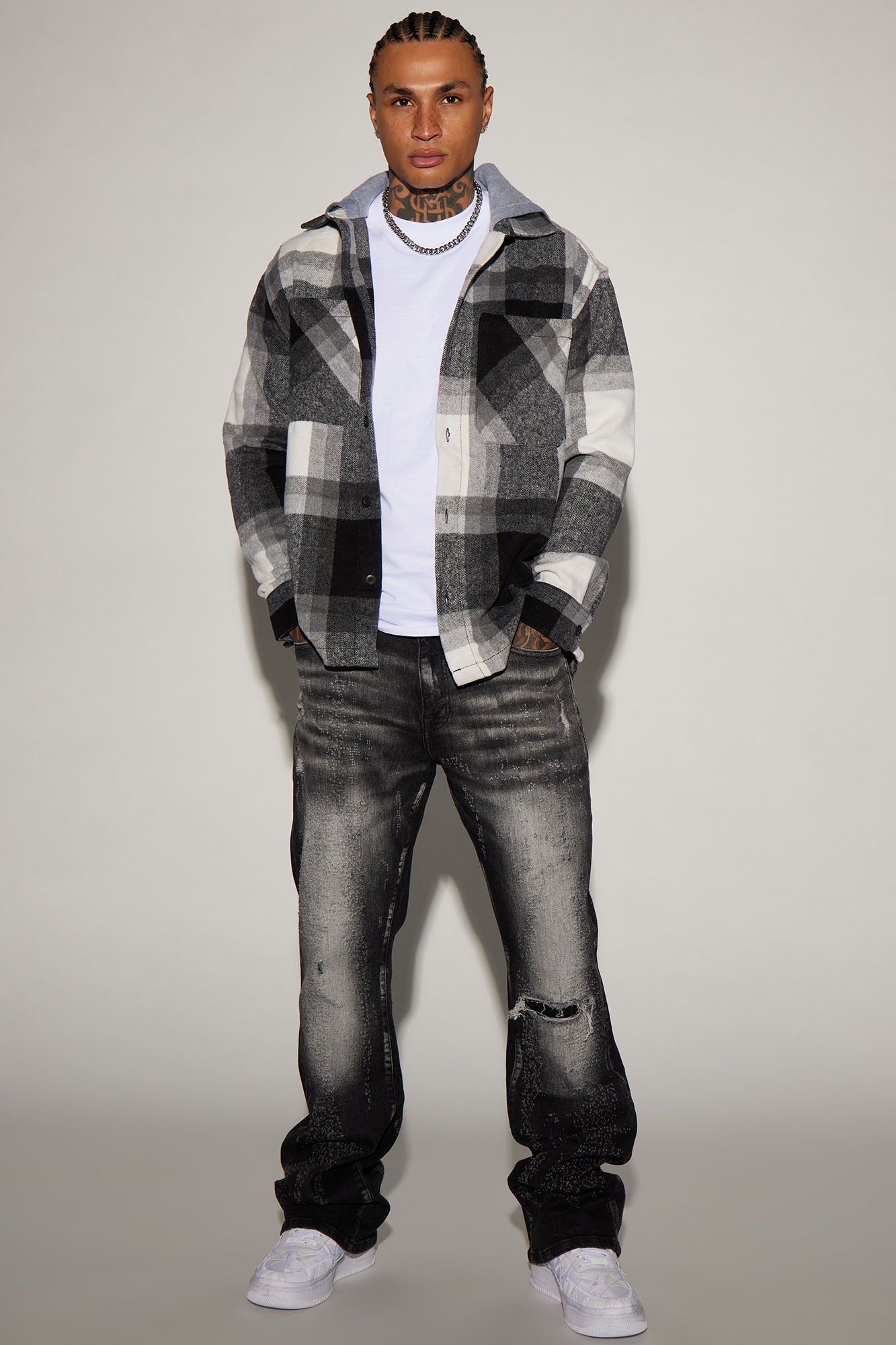 Off The Map Hooded Flannel Shacket - Grey/Black sold by Fashion Nova product image thumbnail 2