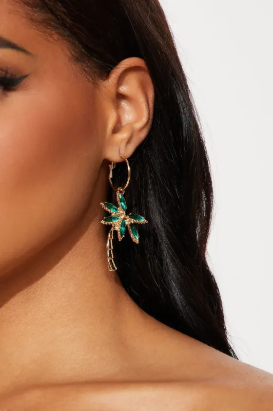 Feel The Breeze Palm Tree Earrings - Gold/Green sold by Fashion Nova
