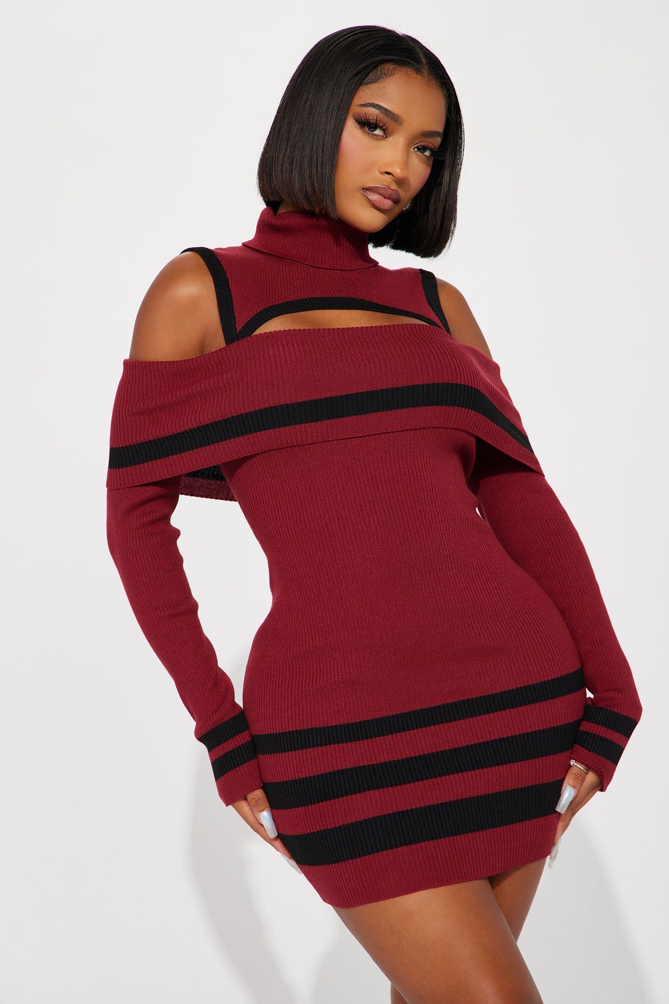 Kelsie Sweater Mini Dress - Burgundy/combo sold by Fashion Nova