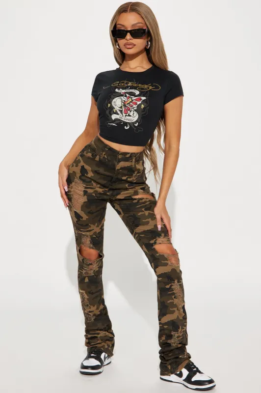 Claw You Up Distressed Camo Flare Pant - Olive/combo sold by Fashion Nova