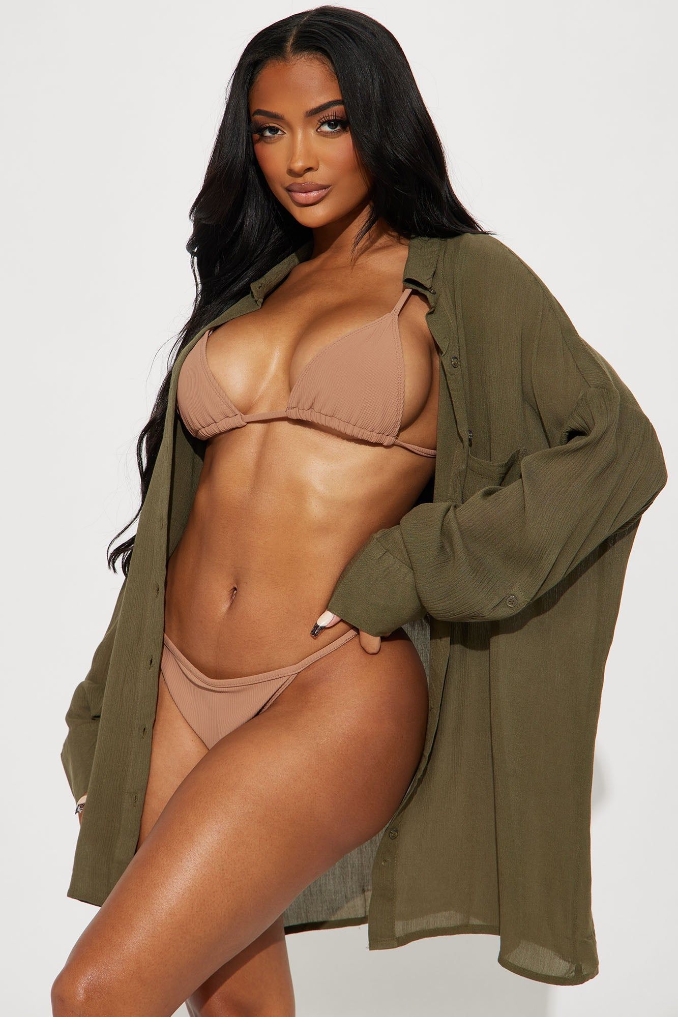 Breezy Nights Linen Pocket Cover Up Shirt - Olive sold by Fashion Nova