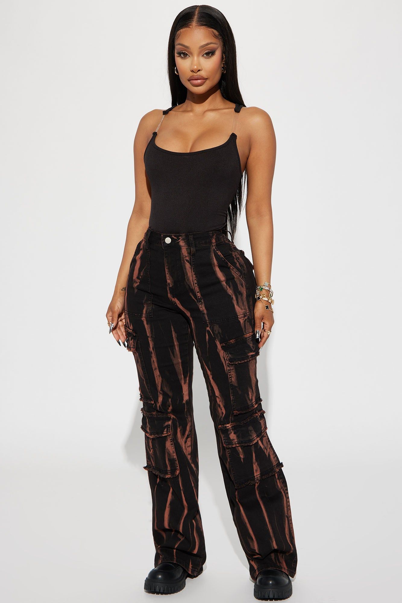 No Tengas Miedo Stretch Cargo Jeans - Black/Orange sold by Fashion Nova