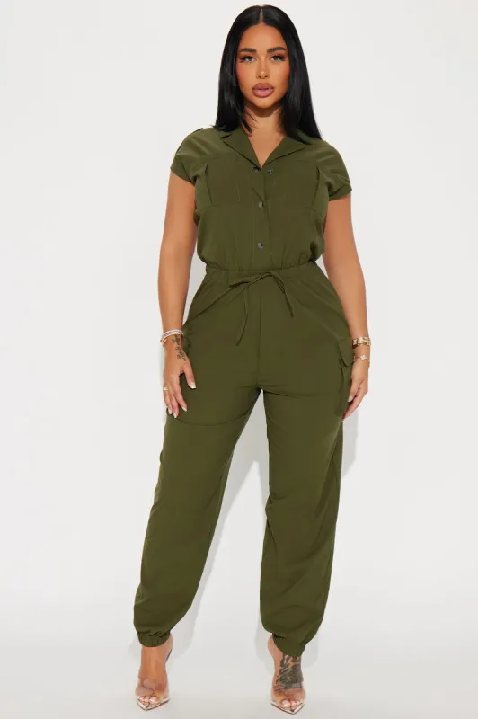 Playing Straight Up Jumpsuit - Olive sold by Fashion Nova