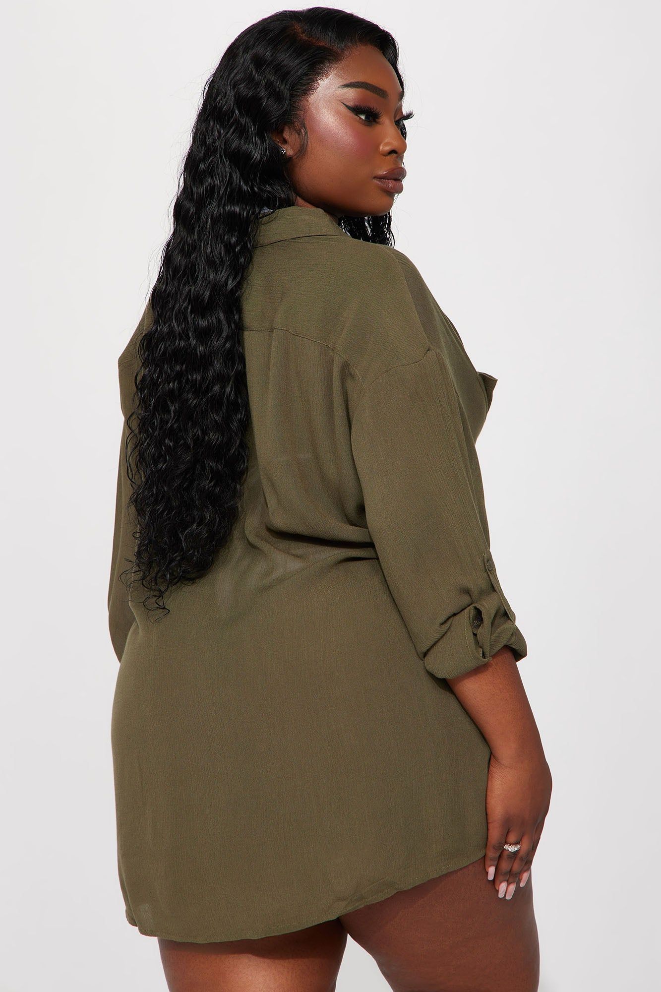 Breezy Nights Linen Pocket Cover Up Shirt - Olive sold by Fashion Nova product image thumbnail 5