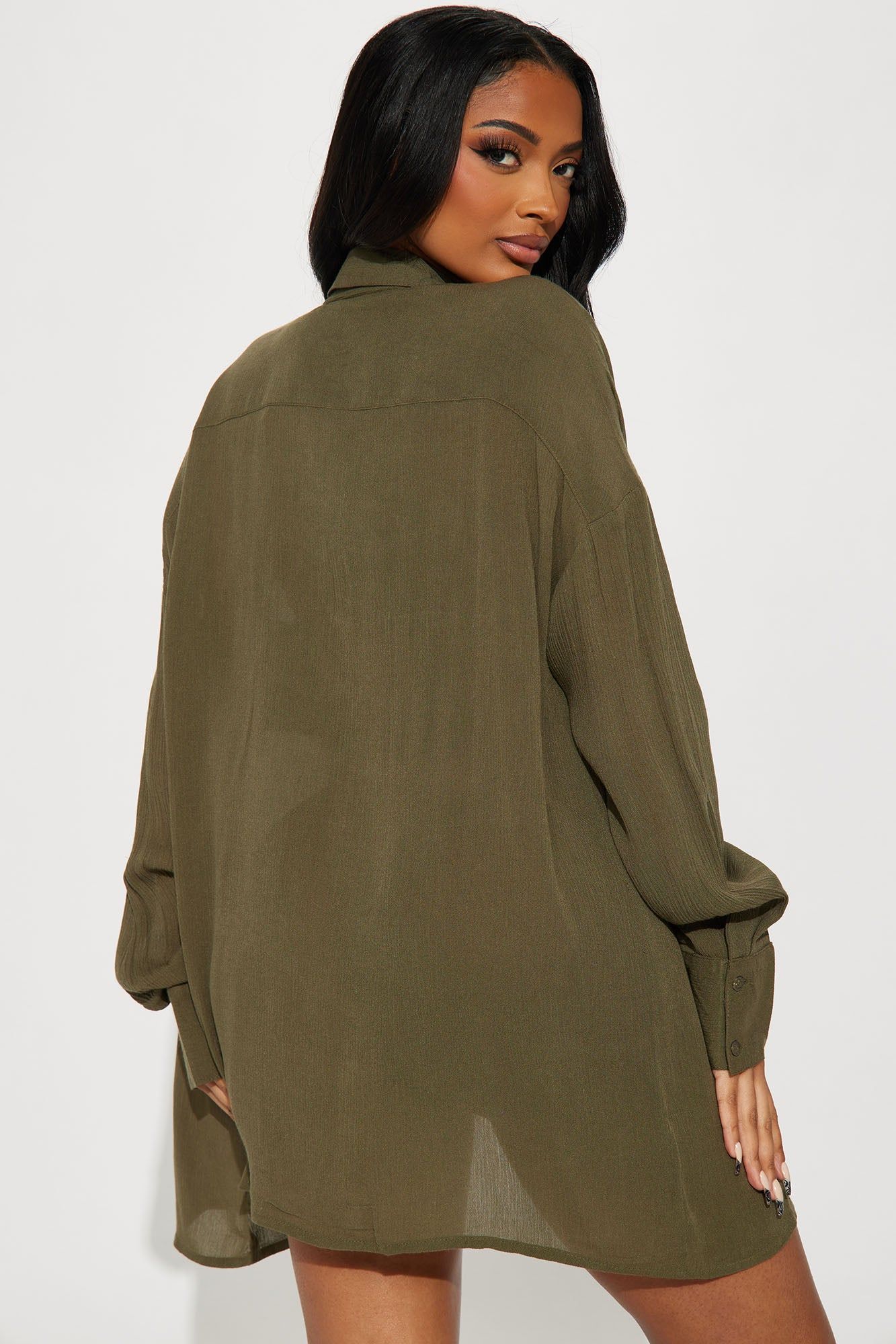 Breezy Nights Linen Pocket Cover Up Shirt - Olive sold by Fashion Nova product image thumbnail 2