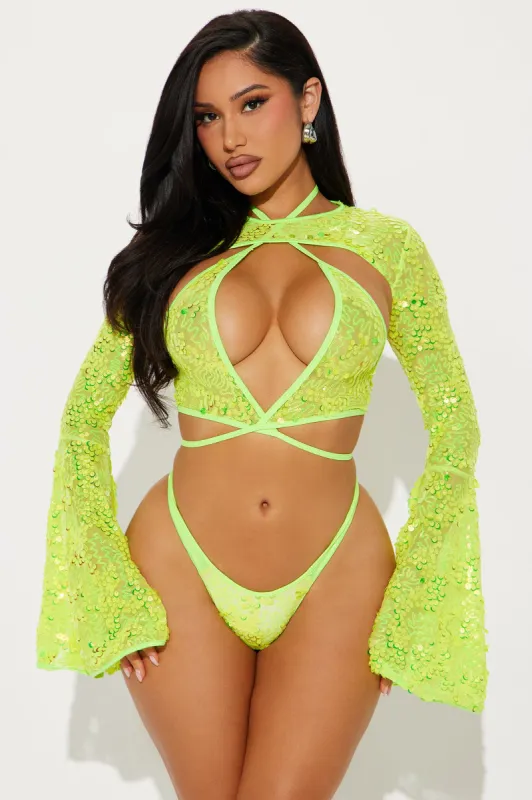 Dancing Under The Lights Sequins Shrug Top - Neon Yellow sold by Fashion Nova
