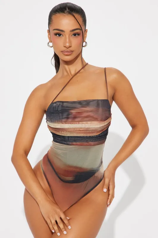 Adeline One Shoulder Mesh Bodysuit - Brown/combo sold by Fashion Nova