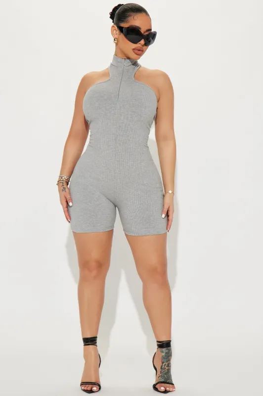Karlee Snatched Romper - Heather Grey sold by Fashion Nova