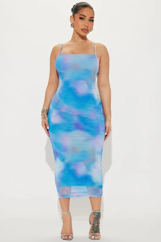 Tie Dye Mesh Midi Dress - Blue/combo sold by Fashion Nova