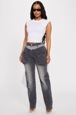Isabella Stretch Cargo Jeans - Grey sold by Fashion Nova