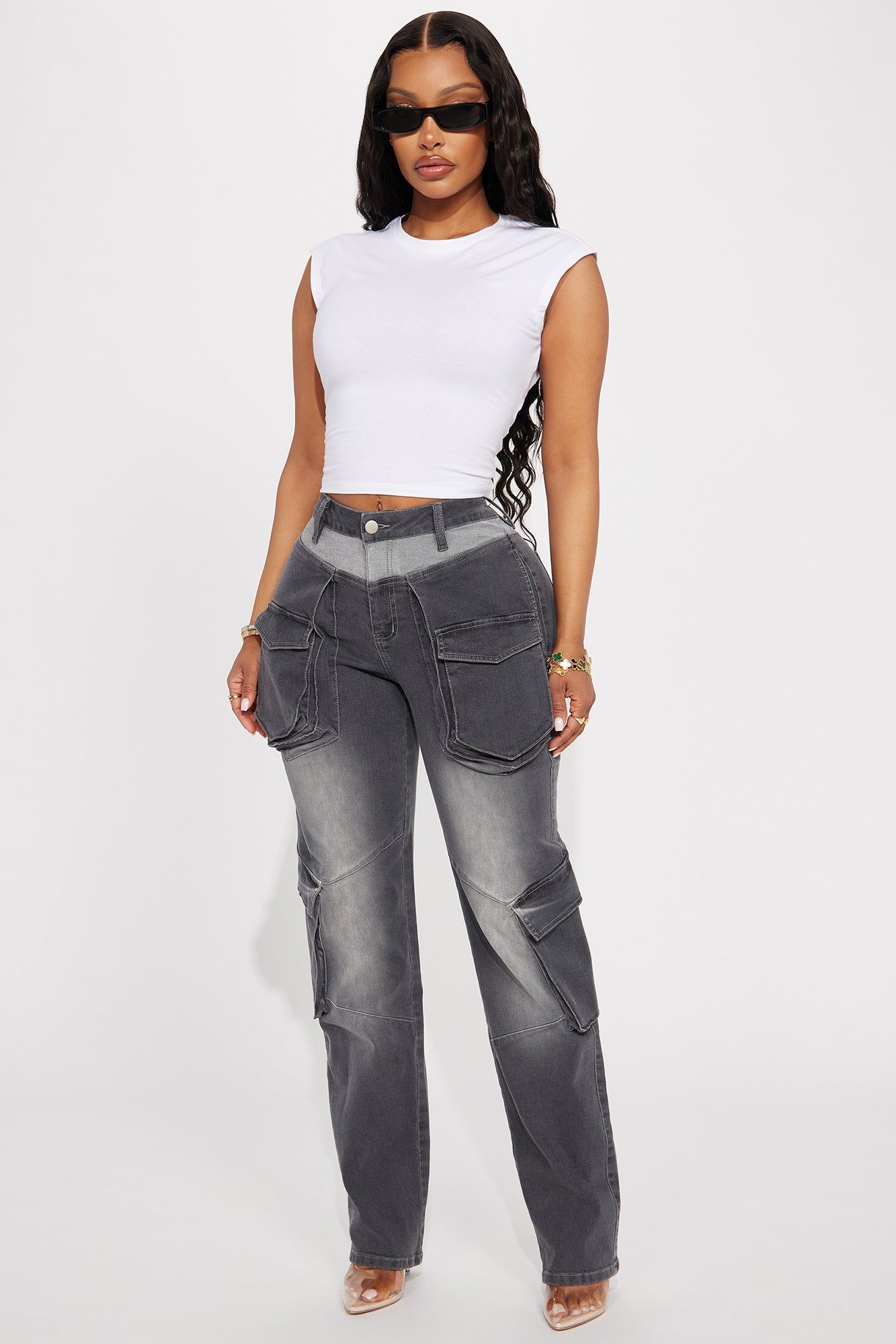 Isabella Stretch Cargo Jeans - Grey sold by Fashion Nova