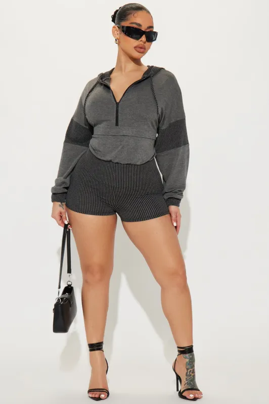 Off The Stage Hoodie Romper - Charcoal sold by Fashion Nova