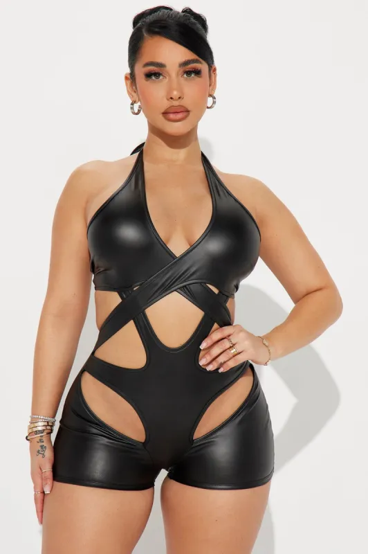 Club Gal Faux Leather Romper - Black sold by Fashion Nova