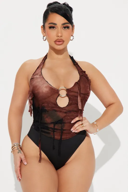 Showing Off Distressed Bodysuit - Brown/combo sold by Fashion Nova
