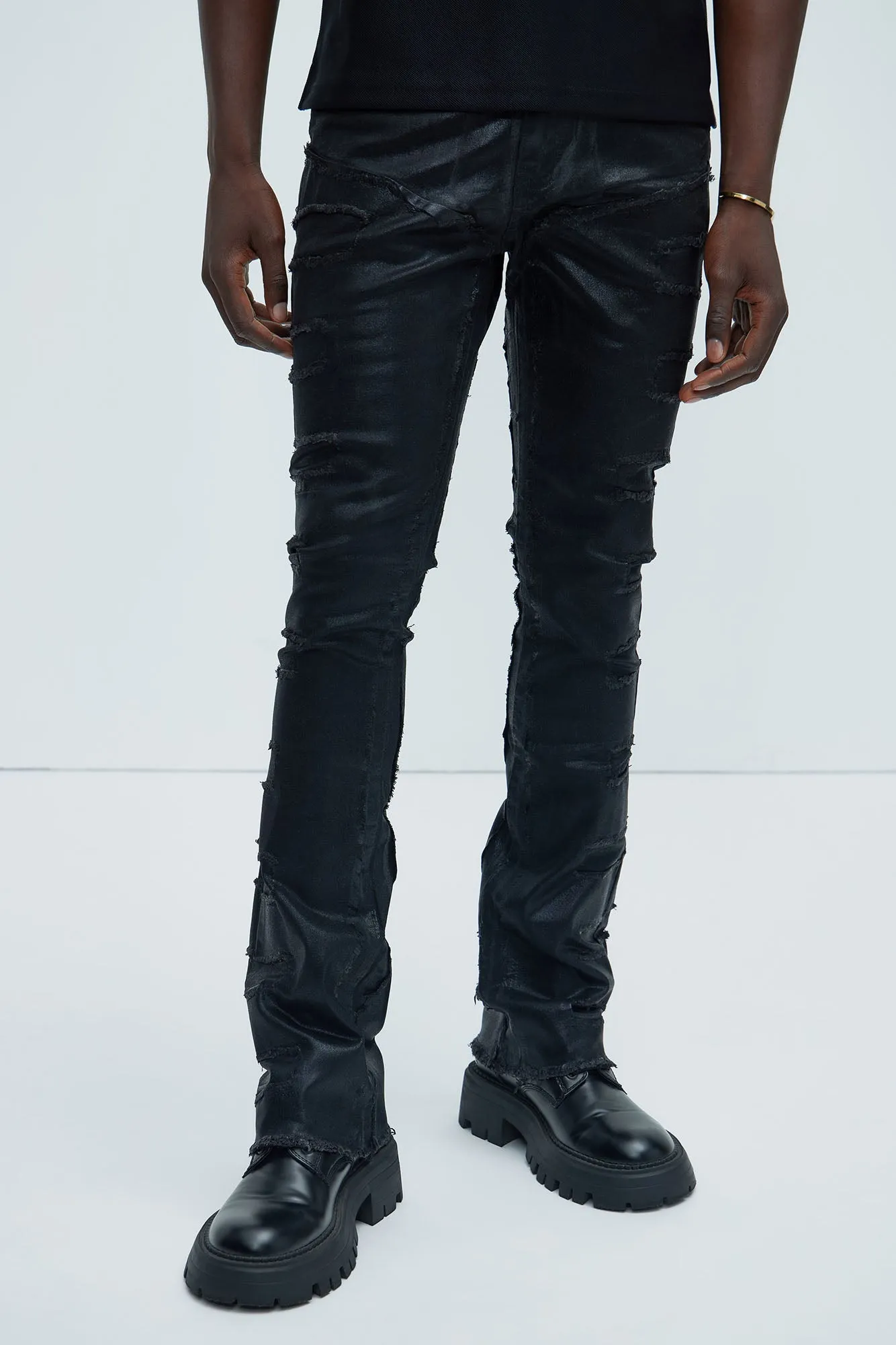 Foil Me Once Stacked Skinny Flare Pants - Black sold by Fashion Nova