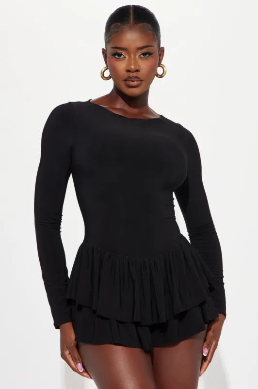 Just A Girl Long Sleeve Romper - Black sold by Fashion Nova