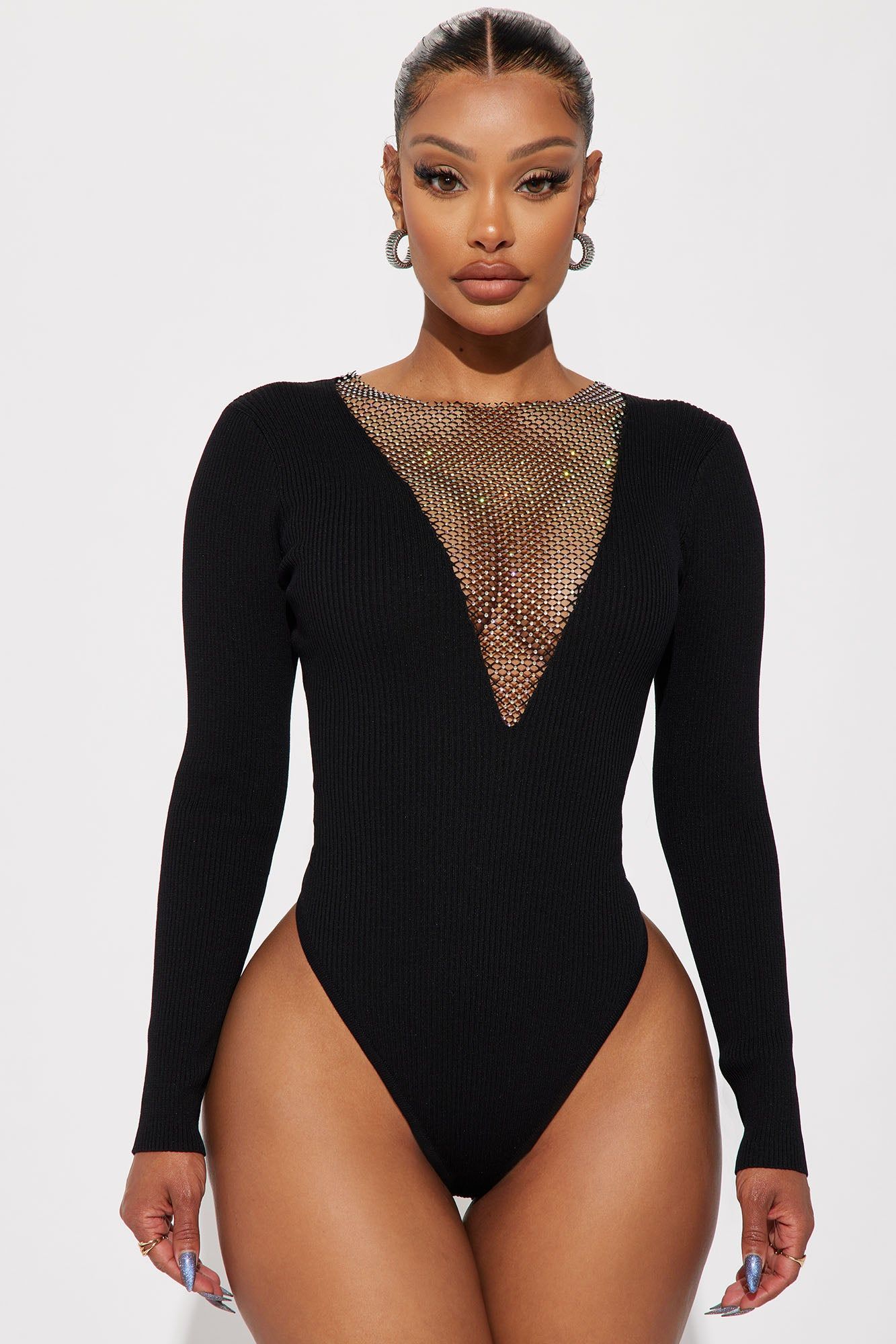 Camera Ready Rhinestone Bodysuit - Black sold by Fashion Nova