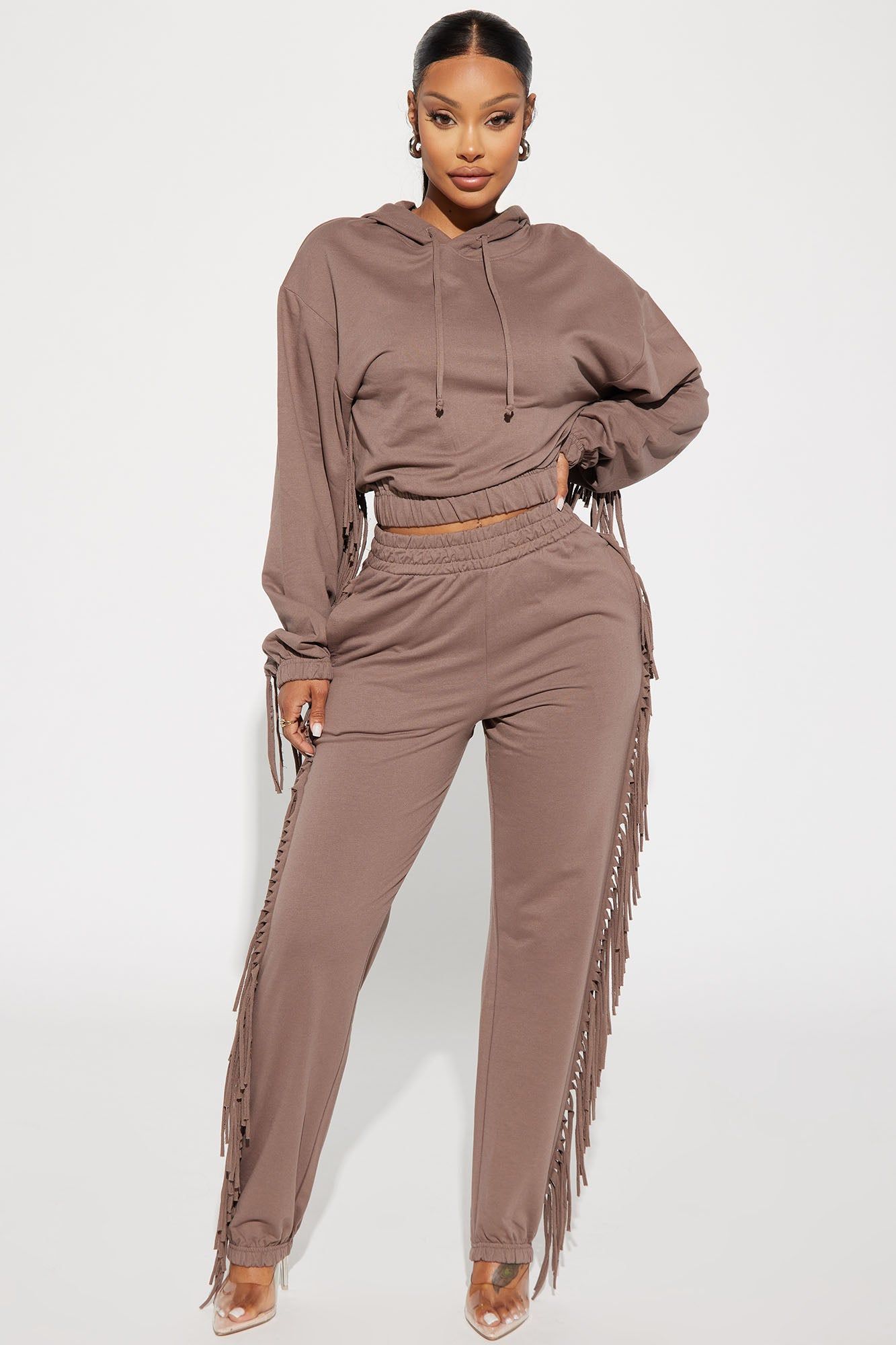 Addison Fringe French Terry Lounge Jogger - Taupe sold by Fashion Nova