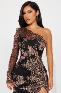 All Nighter Long Sleeve Sequin Gown - Black/Rose Gold sold by Fashion Nova