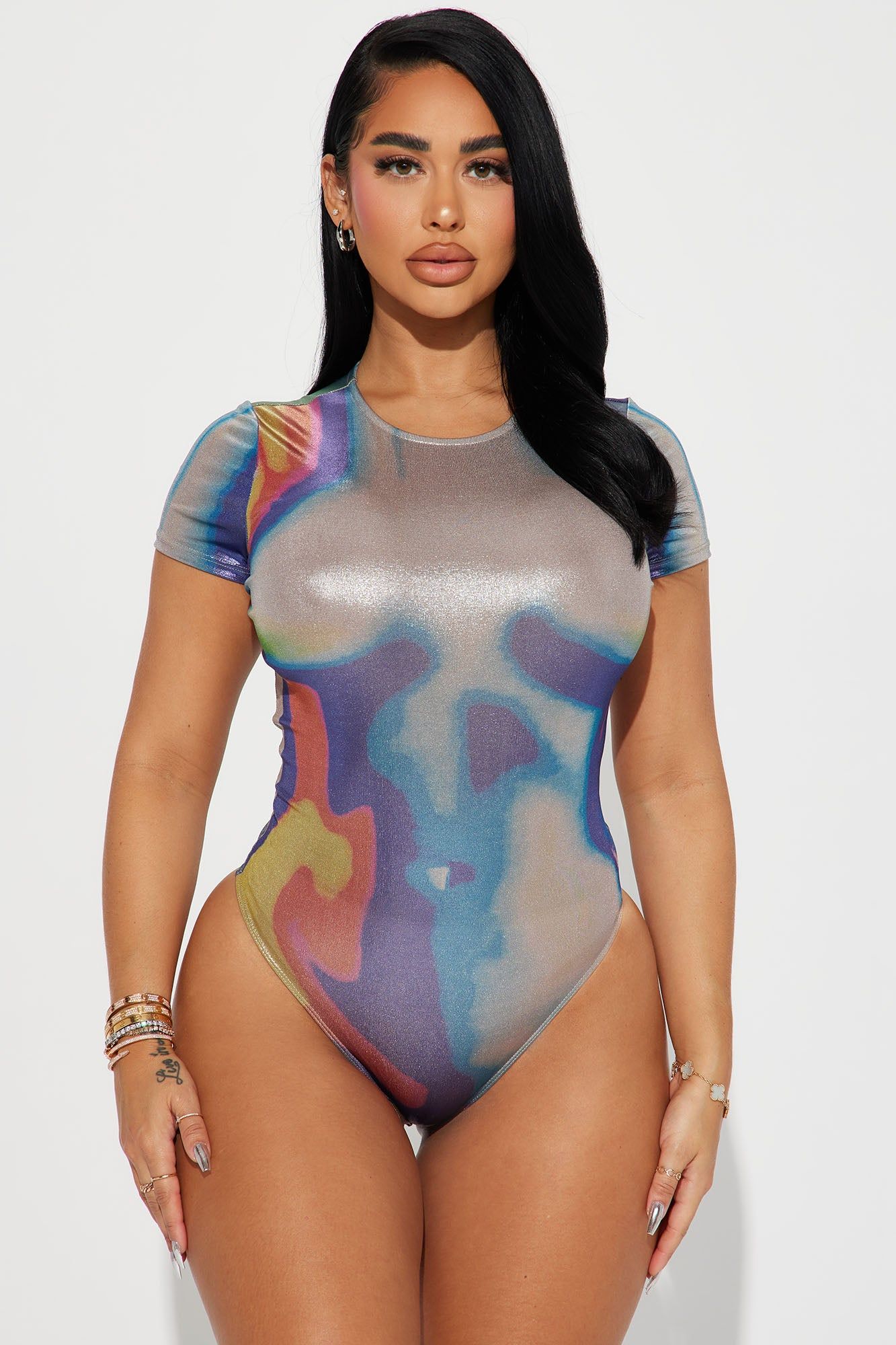 Show Me Off Metallic Bodysuit - Silver/Multi sold by Fashion Nova