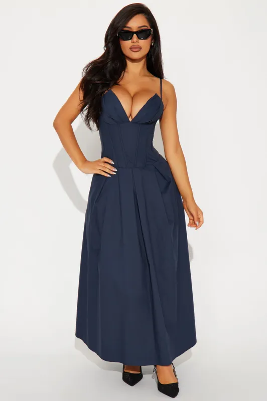 Estella Corset Poplin Midi Dress - Navy sold by Fashion Nova